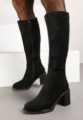 Czarne Kozaki na Słupku w Stylu Muszkieterek Cediara. Czarne kozaki damskie Renee, bez wzorów, z jeansu, bez obcasa, na obcasie, bez zapięcia. Za 249.99 zł.