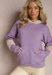 Jasnofioletowa Bawełniana Bluza z Kapturem i Wstawkami z Polaru Qilin. Fioletowe bluzy damskie Renee, z aplikacjami, z bawełny, casualowe, bez ramiączek, z kapturem. Za 84.99 zł.