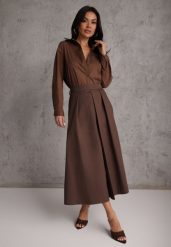 Brązowa Bawełniana Spódnica o Rozkloszowanym Kroju z Plisami Nerimara. Brązowe spódnice damskie Renee, na co dzień, na lato, l, bez wzorów, z bawełny, casualowe, midi, proste. Za 119.99 zł.