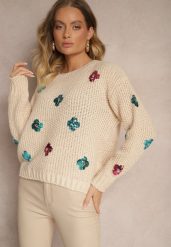 Beżowy Sweter z Wiskozą Zdobiony Cekinowymi Aplikacjami z Kwiatami Edalora. Brązowe swetry nierozpinane damskie Renee, l, z aplikacjami, z jeansu, casualowe, bez kołnierzyka, bez ramiączek. Za 84.99 zł.