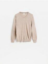 Sweter z wełny merino - beżowy. Brązowe swetry męskie Reserved, l, bez wzorów, z wełny, bez kołnierzyka, bez ramiączek. Za 199.99 zł.