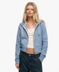 Superdry Krótka bluza z kapturem Essential Logo, 100% bawełna. Niebieskie bluzy damskie Superdry, bez wzorów, z bawełny, bez ramiączek, z kapturem. Za 322.70 zł.