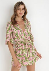 Zielono-Różowy Kombinezon Astiphae. Zielone sukienki damskie Born2be, l, bez wzorów, bez kołnierzyka, bez ramiączek, mini, kopertowe. Za 139.99 zł.