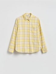 Koszula w kratę - jasnożółty. Żółte koszule damskie Reserved, l, bez wzorów, z bawełny, bez kołnierzyka, bez ramiączek. Za 139.99 zł.