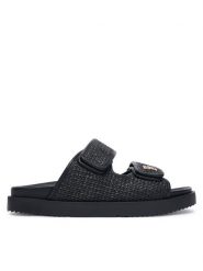 Tommy Hilfiger Klapki Double Strap Raffia FW0FW09122 Czarny. Czarne klapki damskie Tommy Hilfiger, bez wzorów, z syntetyku, bez obcasa, bez zapięcia. Za 529.99 zł.