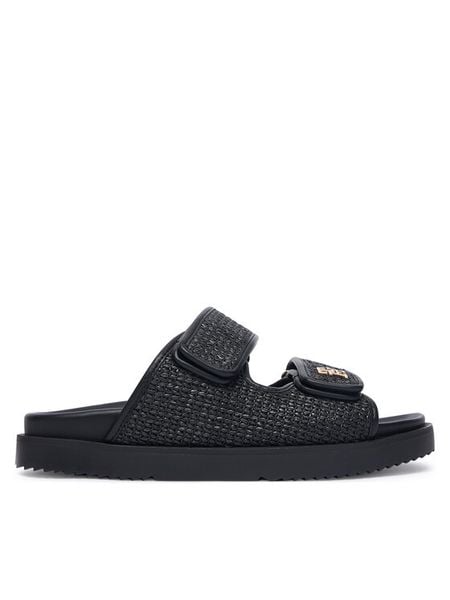 Tommy Hilfiger Klapki Double Strap Raffia FW0FW09122 Czarny. Czarne klapki damskie Tommy Hilfiger, bez wzorów, z syntetyku, bez obcasa, bez zapięcia. Za 281.99 zł.