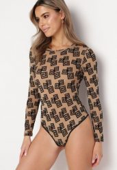Beżowe Siateczkowe Body Ozdobione Geometrycznym Wzorem Kieria. Brązowe body Born2be, bez wzorów, z materiału. Za 34.99 zł.
