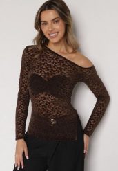 Brązowa Koronkowa Bluzka z Długim Rękawem i Asymetrycznym Dekoltem Liwedara. Brązowe bluzki damskie Born2be, l, bez wzorów, z jeansu, eleganckie, z asymetrycznym kołnierzem, bez ramiączek. Za 99.99 zł.