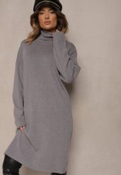 Szara Sukienka Sweterkowa Golf z Bawełną i Wełną Ilanithe. Szare sukienki damskie Renee, na co dzień, l, bez wzorów, z bawełny, eleganckie, bez kołnierzyka, bez ramiączek, midi, proste. Za 69.99 zł.