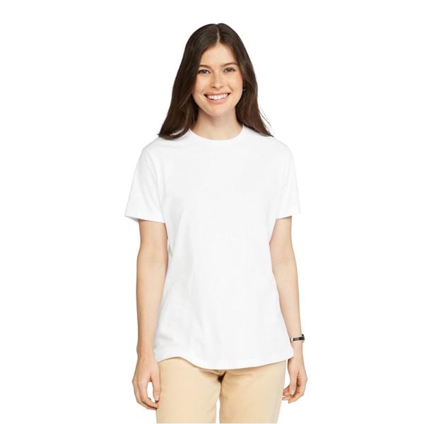Damska Koszulka Softstyle Plain CVC T-shirt. Białe bluzki damskie GILDAN, bez wzorów, sportowe, bez kołnierzyka, bez ramiączek. Za 45.99 zł.