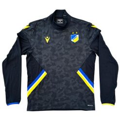 Koszulka treningowa z 1/4 z zamkiem błyskawicznym APOEL Nicosie 2022/23. Czarne bluzki damskie Macron, bez wzorów, sportowe, bez kołnierzyka, bez ramiączek. Za 263.50 zł.