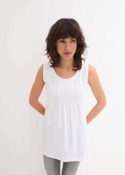 Długi top. Niebieskie topy damskie bonprix, bez wzorów, eleganckie, bez kołnierzyka, bez ramiączek. Za 59.99 zł.