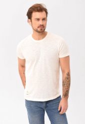 Gładki t-shirt T-BLUES. Białe t-shirty męskie Volcano, l, bez wzorów, z bawełny, bez kołnierzyka, bez ramiączek. Za 69.99 zł.