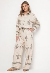 Beżowy Komplet z Wiskozy w Stylu Boho Koszula i Spodnie Zdobione Haftem Sarhiris. Brązowe koszule damskie Born2be, l, z aplikacjami, z wiskozy, boho, bez kołnierzyka, bez ramiączek. Za 159.99 zł.