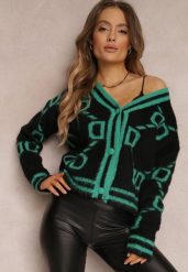 Czarno-Zielony Kardigan Sethoy. Czarne kardigany damskie Renee, m, bez wzorów, z dzianiny, vintage, bez kołnierzyka. Za 119.99 zł.