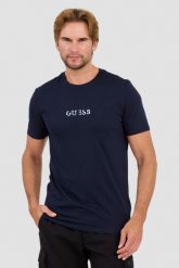 GUESS Granatowy t-shirt z haftowanym logo. Niebieskie t-shirty męskie Guess, l, z aplikacjami, bez kołnierzyka, bez ramiączek. W wyprzedaży za 96.99 zł.