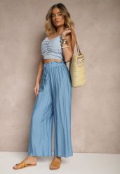 Niebieskie Spodnie High Waist o Szerokim Kroju z Wiązaniem Telisiela. Niebieskie spodnie materiałowe damskie Renee, bez wzorów, z jeansu, eleganckie, z podwyższonym stanem. Za 39.99 zł.