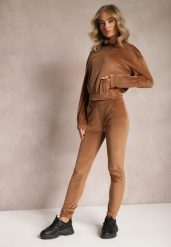 Brązowy Komplet Dresowy z Weluru ze Ściągaczami i Bluzą z Kapturem Rerafina. Brązowe bluzy damskie Renee, m, bez wzorów, z dresówki, eleganckie, bez ramiączek, z kapturem. Za 149.99 zł.