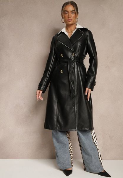 Czarny Płaszcz Trencz z Ekoskóry o Dwurzędowym Kroju z Paskiem Nilianis. Czarne płaszcze damskie Renee, l, bez wzorów, z bawełny, eleganckie, bez kołnierzyka, bez kaptura. Za 219.99 zł.