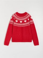 Sweter z motywem świątecznym z domieszką wełny - czerwony. Czerwone swetry nierozpinane damskie Sinsay, l, bez wzorów, z wełny, wizytowe, bez kołnierzyka, bez ramiączek. Za 59.99 zł.