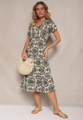 Ciemnozielona Rozkloszowana Sukienka z Bawełny z Gumką w Talii Desanita. Zielone sukienki damskie Renee, na co dzień, na lato, l, bez wzorów, z bawełny, eleganckie, bez kołnierzyka, bez ramiączek, midi, kopertowe. Za 39.99 zł.