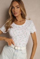 Biały Bawełniany T-shirt z Kwiatowym Wzorem Savioraie. Białe t-shirty damskie Renee, l, bez wzorów, z bawełny, klasyczne, bez kołnierzyka, bez ramiączek. Za 29.99 zł.