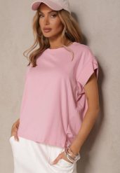 Różowy Bawełniany T-shirt z Rozcięciami przy Rękawach Katilana. Czerwone t-shirty damskie Renee, bez wzorów, z bawełny, klasyczne, bez kołnierzyka, bez ramiączek. Za 49.99 zł.