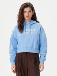 Tommy Jeans Bluza Script DW0DW20306 Niebieski Relaxed Fit. Niebieskie bluzy damskie Tommy Jeans, s, bez wzorów, z bawełny, bez ramiączek, bez kaptura. Za 249.99 zł.