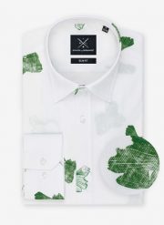 PAKO LORENTE – Biała koszula męska w zielone ryby P22SF-1X-028-B-S. Białe koszule męskie Pako Lorente, m, bez wzorów, z bawełny, klasyczne, bez kołnierzyka, bez ramiączek. Za 79.99 zł.