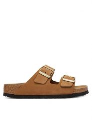 Birkenstock Klapki Arizona Sfb 1032086 Brązowy. Brązowe klapki damskie Birkenstock, bez wzorów, z nubiku, bez obcasa, bez zapięcia. Za 549.99 zł.