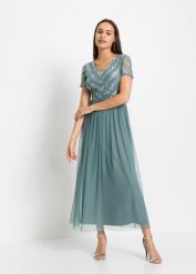Długa sukienka z cekinami. Niebieskie sukienki damskie bonprix, bez wzorów, bez kołnierzyka, bez ramiączek, maxi. Za 309.99 zł.