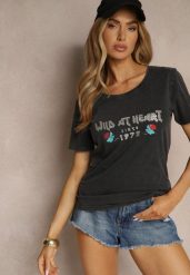 Czarny T-shirt z Bawełny Ozdobiony Nadrukiem Savetelle. Czarne t-shirty damskie Renee, l, bez wzorów, z bawełny, bez kołnierzyka, bez ramiączek. Za 39.99 zł.