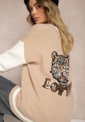 Beżowy Retro Kardigan z Ozdobnymi Naszywkami z Połyskiem Vialida. Brązowe kardigany damskie Renee, na zimę, z aplikacjami, retro, bez kołnierzyka. Za 159.99 zł.