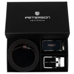 Zestaw prezentowy: dwustronny pasek skórzany w brązowym i czarnym kolorze Peterson PTN KL-B016S001. Brązowe paski męskie Peterson, ze skóry, eleganckie. Za 139.99 zł.