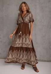 Brązowa Rozkloszowana Sukienka z Wiskozy Zdobiona Metalicznym Haftem Boho Harmiolea. Brązowe sukienki damskie Renee, na co dzień, m, z aplikacjami, z wiskozy, boho, bez kołnierzyka, bez ramiączek, maxi, proste. Za 139.99 zł.