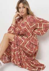Bordowa Rozkloszowana Sukienka z Wiskozy Zapinana na Guziki z Falbanką Nrines. Czerwone sukienki damskie Born2be, na co dzień, l, bez wzorów, z wiskozy, eleganckie, bez kołnierzyka, bez ramiączek, maxi, rozkloszowane. Za 109.99 zł.