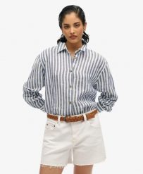 Superdry Casual Lenna Koszula Boyfriend – Szerokie niebieskie paski. Niebieskie koszule męskie Superdry, z aplikacjami, ze lnu, casualowe, bez kołnierzyka, bez ramiączek. Za 344.20 zł.