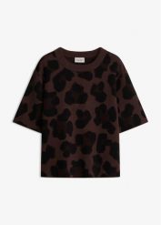 Sweter w żakardowy wzór. Brązowe swetry nierozpinane damskie bonprix, bez wzorów, z żakardem, bez kołnierzyka, bez ramiączek. Za 129.99 zł.