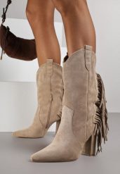 Ciemnobeżowe Botki w Stylu Kowbojek na Obcasie z Frędzlami Reinasea. Brązowe botki damskie Born2be, bez wzorów, z jeansu, klasyczne, bez obcasa, na obcasie, bez zapięcia. Za 99.99 zł.
