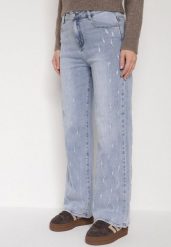 Niebieskie Bawełniane Szerokie Jeansy z Wysokim Stanem i Przetarciami Lilinryss. Niebieskie jeansy damskie Born2be, bez wzorów, z bawełny, z podwyższonym stanem. Za 119.99 zł.