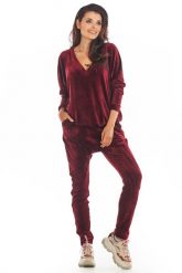 Wygodna Welurowa Bluza z Dekoltem w Szpic - Bordowa. Czerwone bluzy damskie Awama, uniwersalny, bez wzorów, z materiału, bez ramiączek, bez kaptura. Za 182.90 zł.