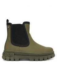 Tommy Hilfiger Botki T3X5-34130-1355414 Khaki. Brązowe botki damskie Tommy Hilfiger, bez wzorów, z tworzywa sztucznego, bez obcasa, na płaskiej podeszwie, bez zapięcia. Za 389.99 zł.
