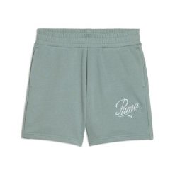 Damskie szorty z wysokim stanem ESS SCRIPT 5" PUMA Green Moon. Zielone szorty damskie Puma, bez wzorów, z podwyższonym stanem. W wyprzedaży za 104.00 zł.