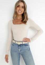 Beżowa Bluzka Alexusi. Brązowe bluzki damskie Born2be, l, bez wzorów, z dzianiny, eleganckie, bez kołnierzyka, bez ramiączek. Za 69.99 zł.