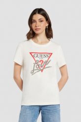 GUESS Biały t-shirt damski Love Tee. Białe t-shirty damskie Guess, s, z aplikacjami, bez kołnierzyka, bez ramiączek. W wyprzedaży za 110.99 zł.