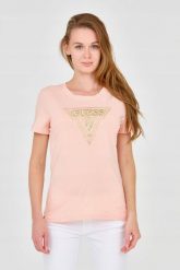 GUESS Damski t-shirt z dużym zdobionym logo. Brązowe t-shirty damskie Guess, s, z aplikacjami, z bawełny, bez kołnierzyka, bez ramiączek. W wyprzedaży za 159.99 zł.
