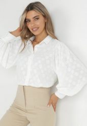 Biała Koszula z Guzikami i Kołnierzem Noleito. Białe koszule damskie Born2be, l, bez wzorów, z jeansu, eleganckie, bez kołnierzyka, bez ramiączek. Za 149.99 zł.