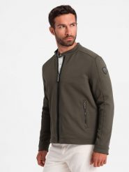 Kurtka męska o kroju biker ze strukturalnego materiału – ciemnooliwkowa V1 - Rozmiar: S. Zielone kurtki męskie Ombre Clothing, m, bez wzorów, eleganckie, bez kaptura. W wyprzedaży za 79.99 zł.