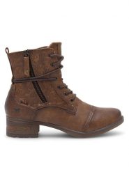 Mustang Botki 1229-508 Brązowy. Brązowe botki damskie Mustang, bez wzorów, z materiału, bez obcasa, na płaskiej podeszwie, bez zapięcia. Za 349.99 zł.
