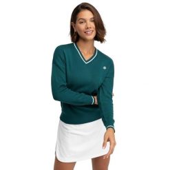 Damski sweter golfowy z dzianiny z dekoltem w serek Siroko Gimme Teal. Zielone swetry nierozpinane damskie SIROKO, bez wzorów, z dzianiny, bez kołnierzyka, bez ramiączek. Za 211.00 zł.